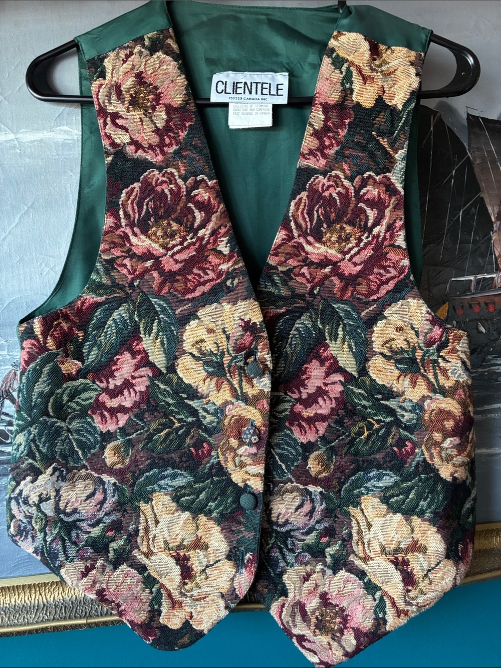 Vintage 90s Green Floral Tapestry Vest